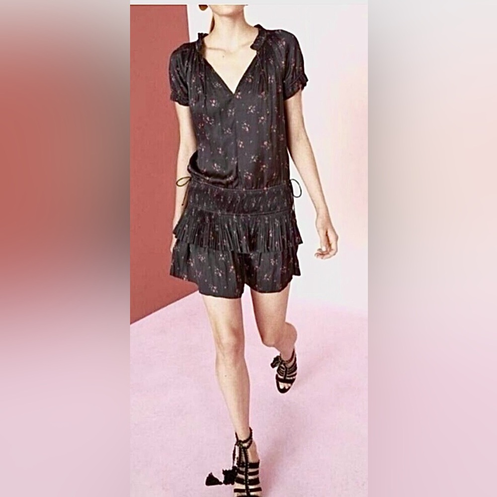 Ulla Johnson Nora Pleated Mini Dress Drop Waist Pink Floral on Black Size 8